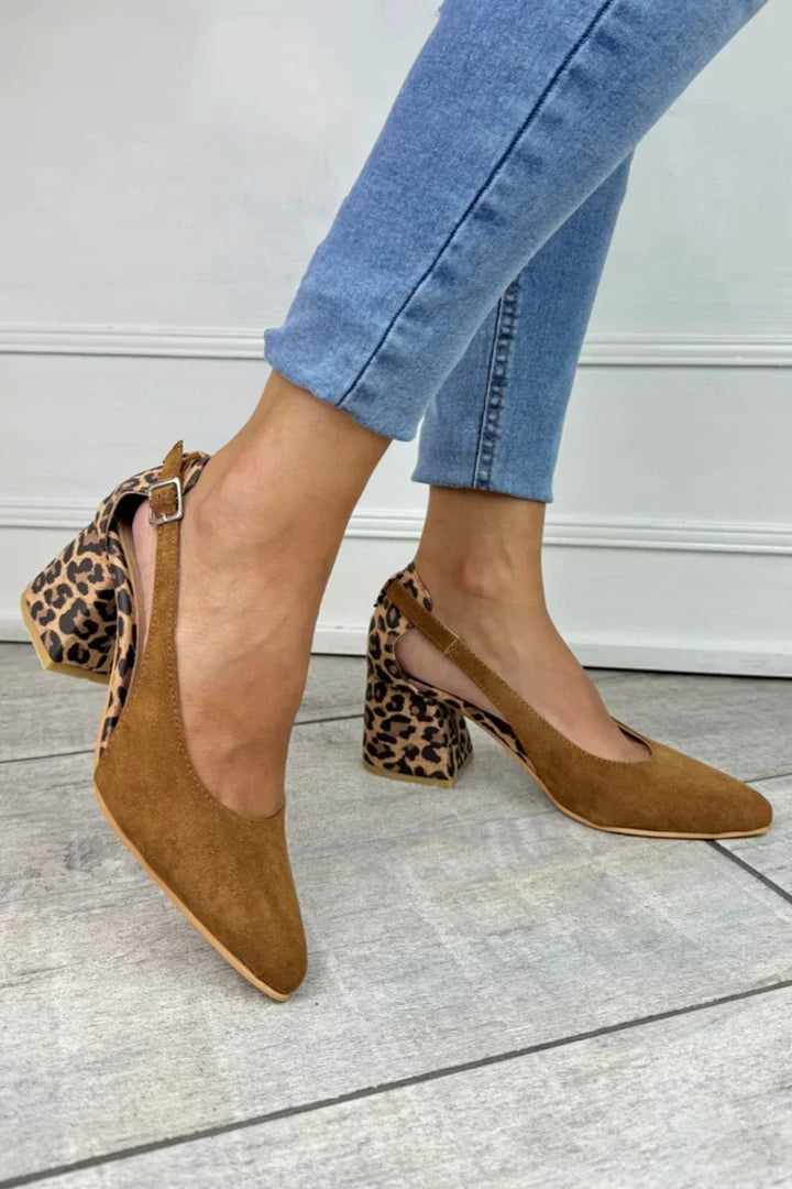 Helen | Leopard Print Slingback Heels with Block Heel and Buckle Strap