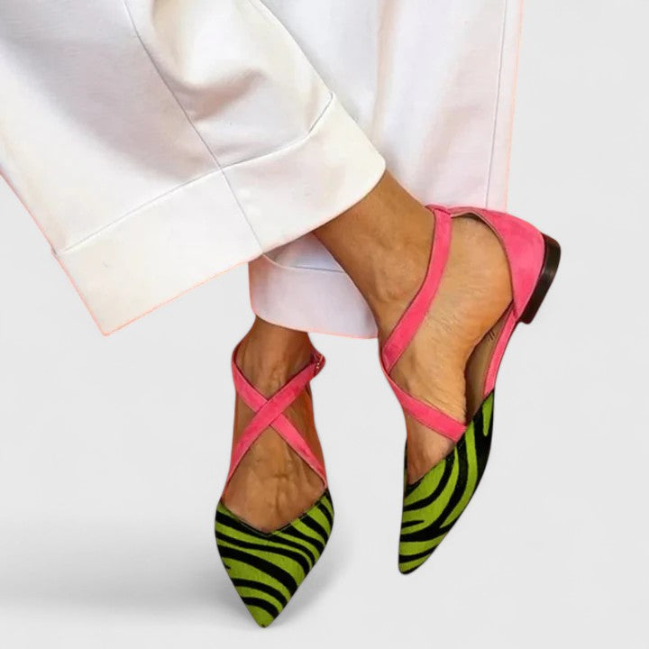Holly | Zebra Print Flats with Crossed Straps and Pointed Toe