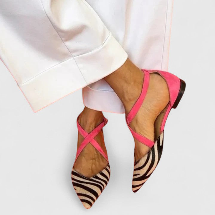 Holly | Zebra Print Flats with Crossed Straps and Pointed Toe