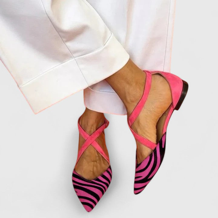 Holly | Zebra Print Flats with Crossed Straps and Pointed Toe
