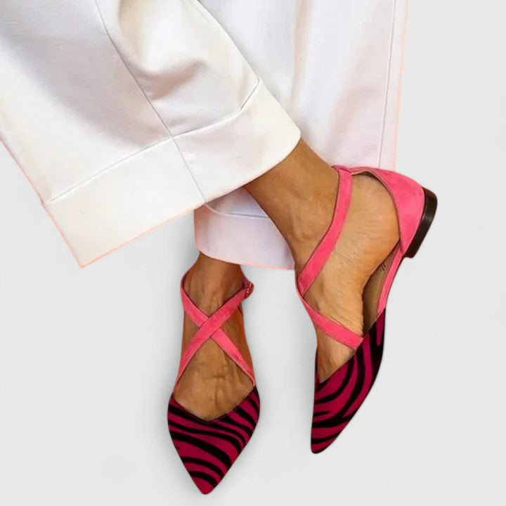 Holly | Zebra Print Flats with Crossed Straps and Pointed Toe