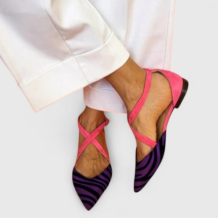 Holly | Zebra Print Flats with Crossed Straps and Pointed Toe