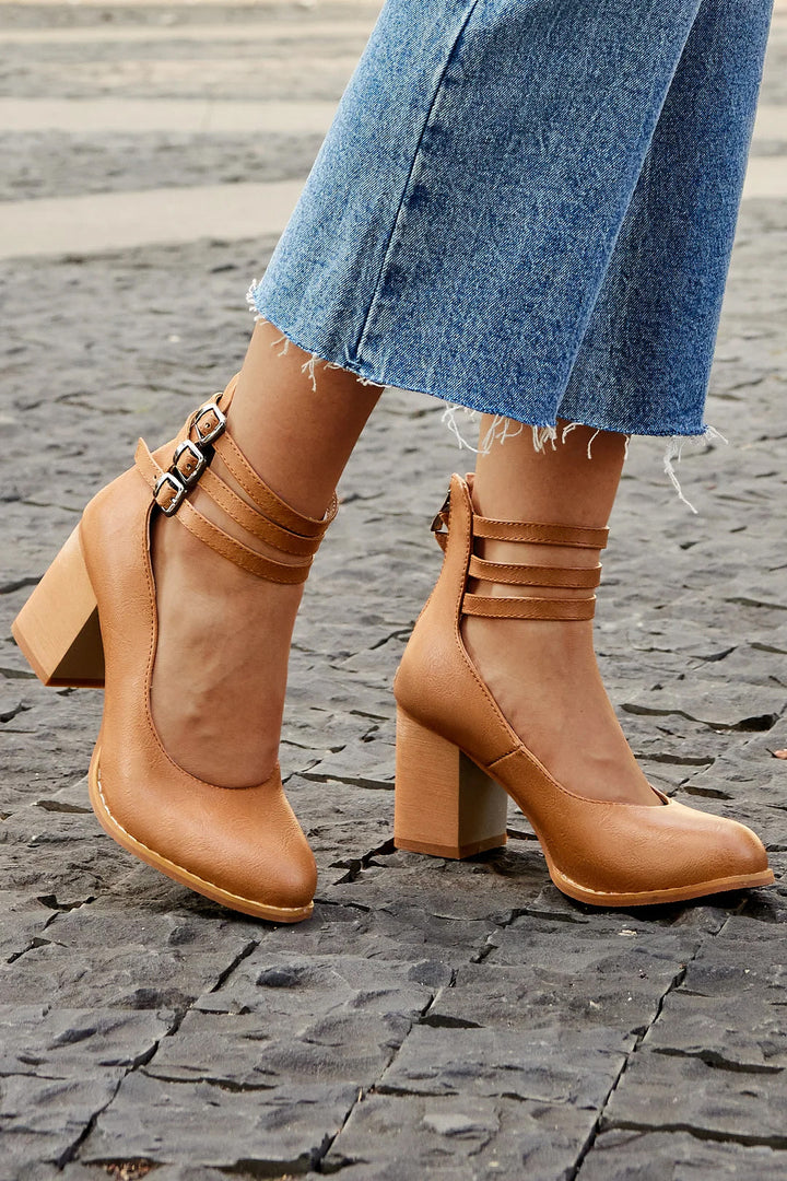 Iris | Block Heel Sandals with Ankle Strap and Buckle Closure
