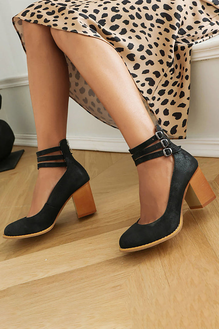 Iris | Block Heel Sandals with Ankle Strap and Buckle Closure