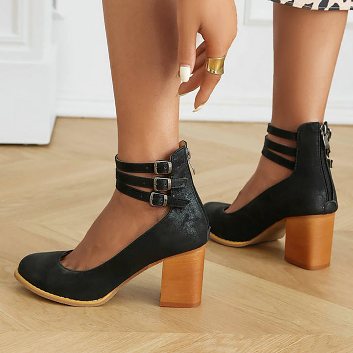 Iris | Block Heel Sandals with Ankle Strap and Buckle Closure