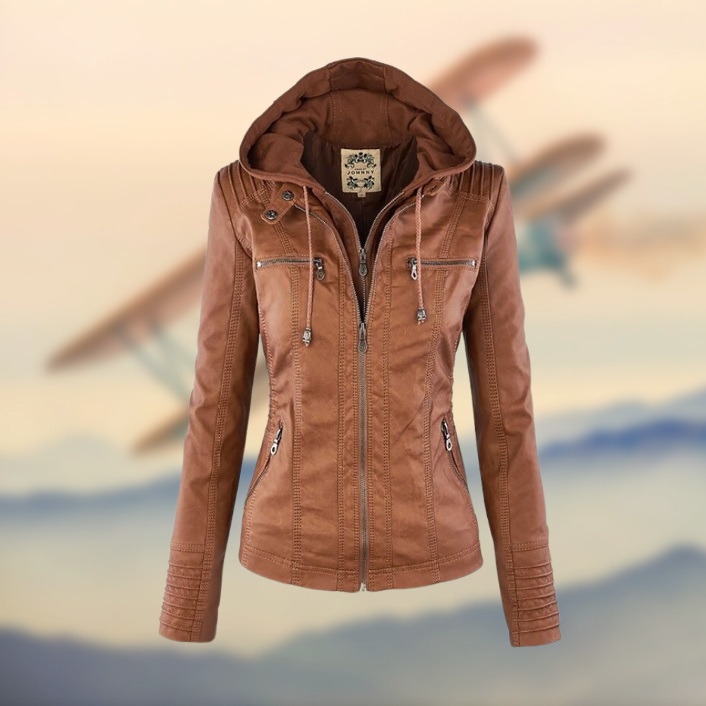 Iris | Leather Jacket with Hood and Zipper Pockets