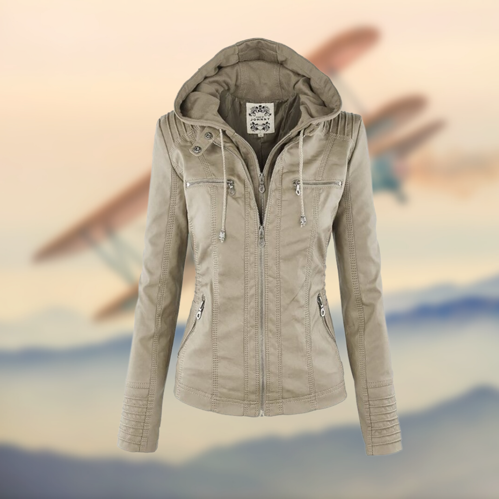 Iris | Leather Jacket with Hood and Zipper Pockets