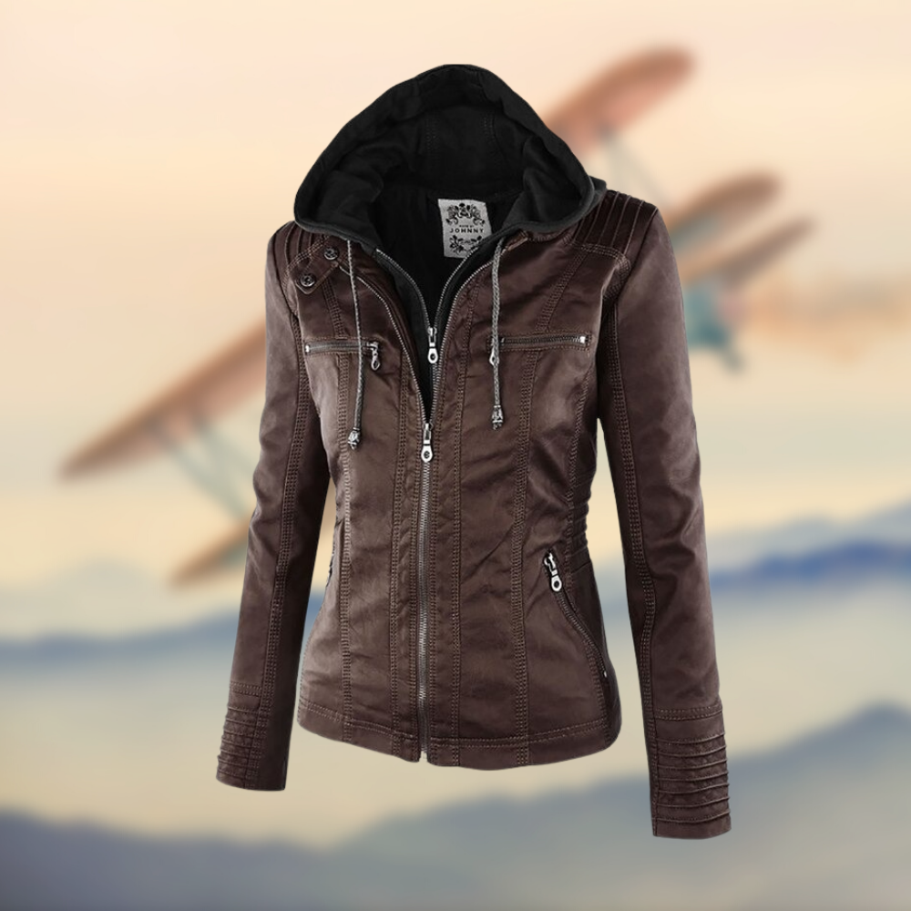 Iris | Leather Jacket with Hood and Zipper Pockets