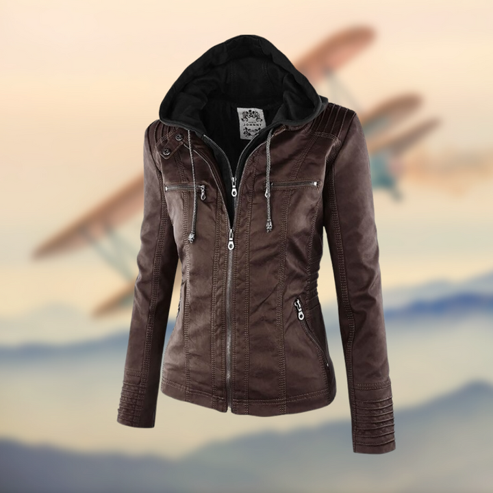 Iris | Leather Jacket with Hood and Zipper Pockets