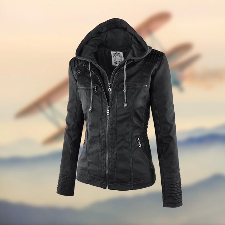 Iris | Leather Jacket with Hood and Zipper Pockets