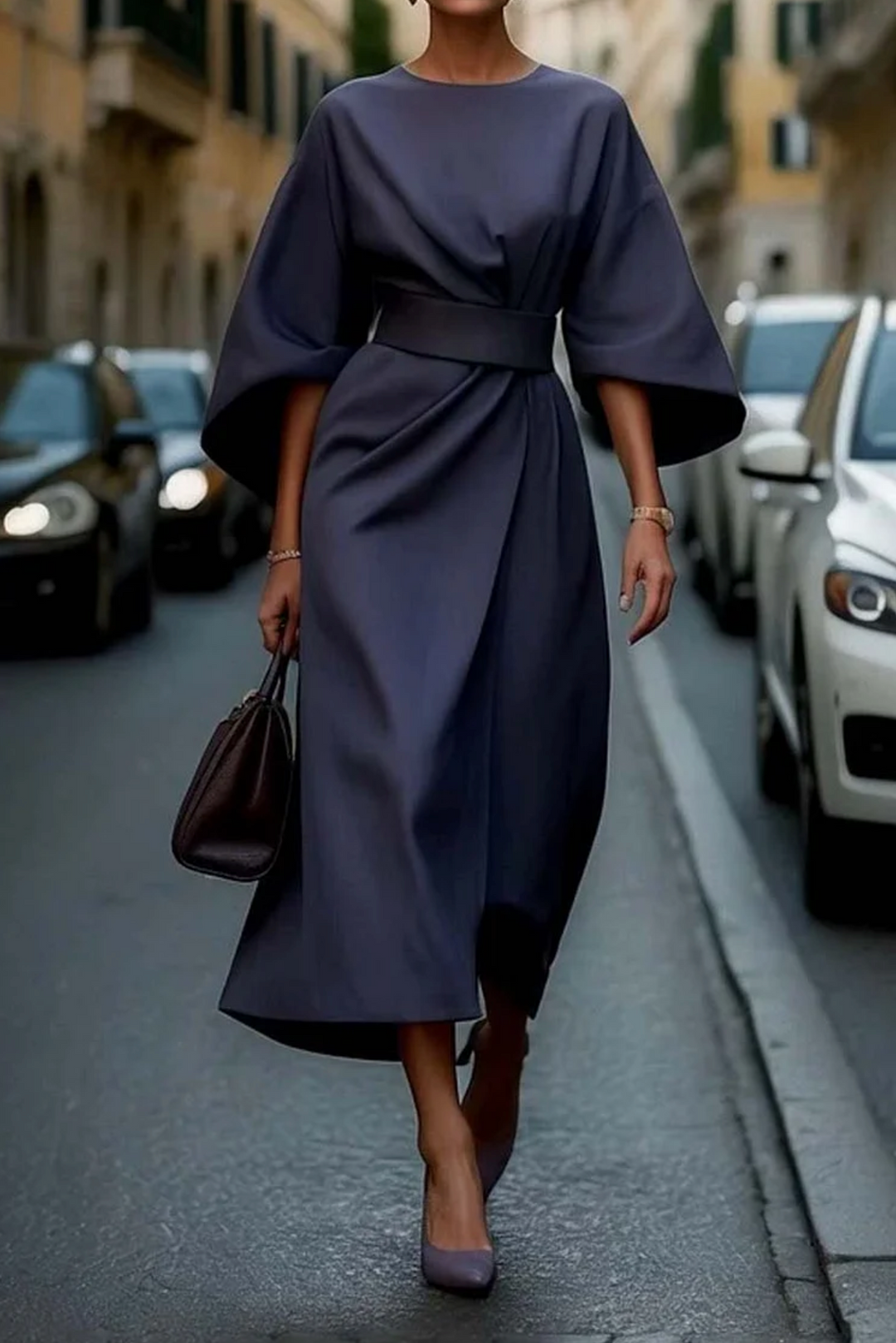 Iris | Wedding Guest Midi Dress with Lantern Sleeves and Wrap Skirt