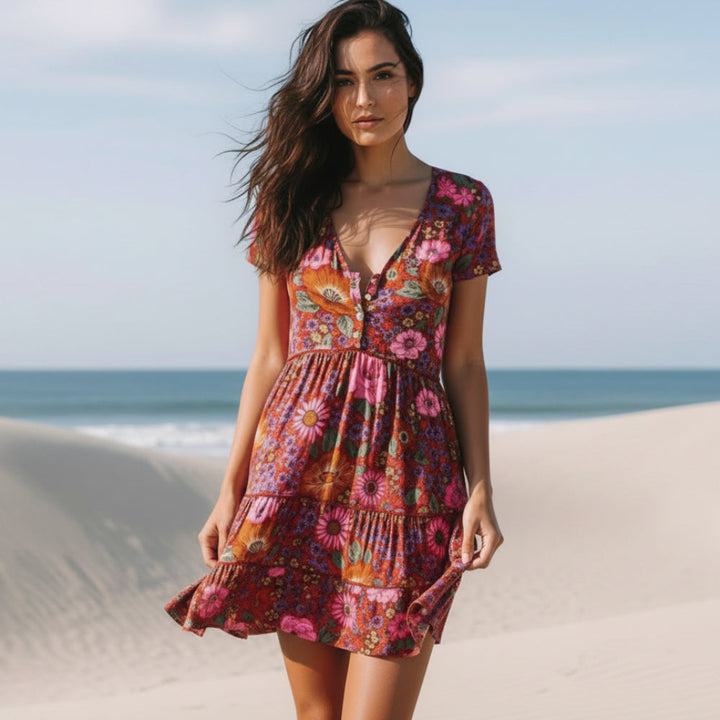 Janice | Floral Mini Dress with V Neck and Short Sleeves