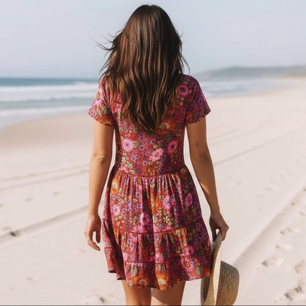 Janice | Floral Mini Dress with V Neck and Short Sleeves