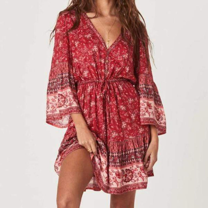 Jennifer | Boho Mini Dress with V Neck and Bell Sleeves