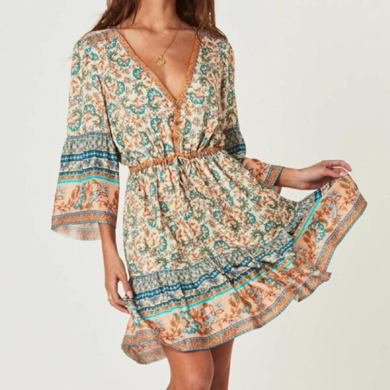 Jennifer | Boho Mini Dress with V Neck and Bell Sleeves
