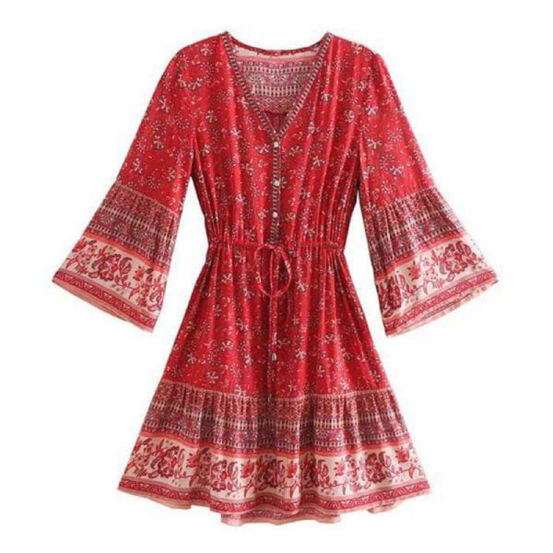 Jennifer | Boho Mini Dress with V Neck and Bell Sleeves