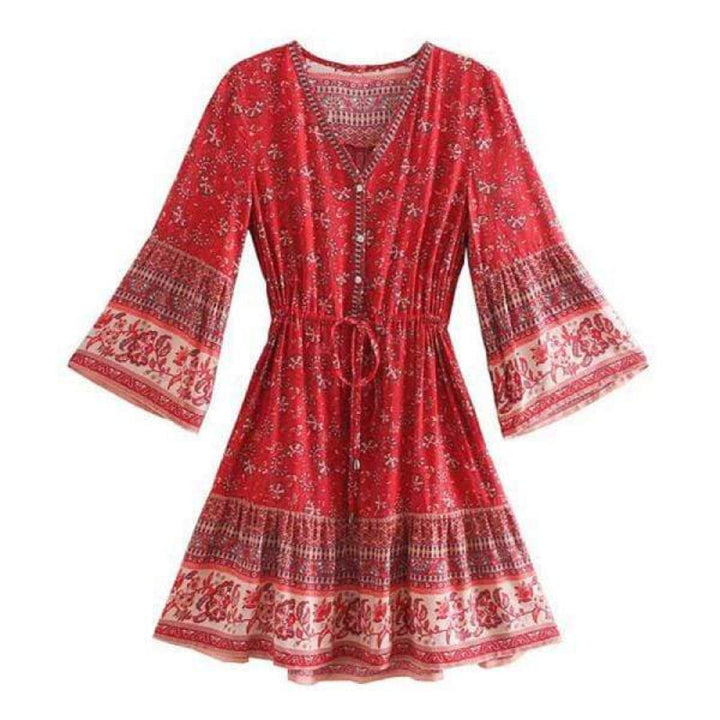 Jennifer | Boho Mini Dress with V Neck and Bell Sleeves