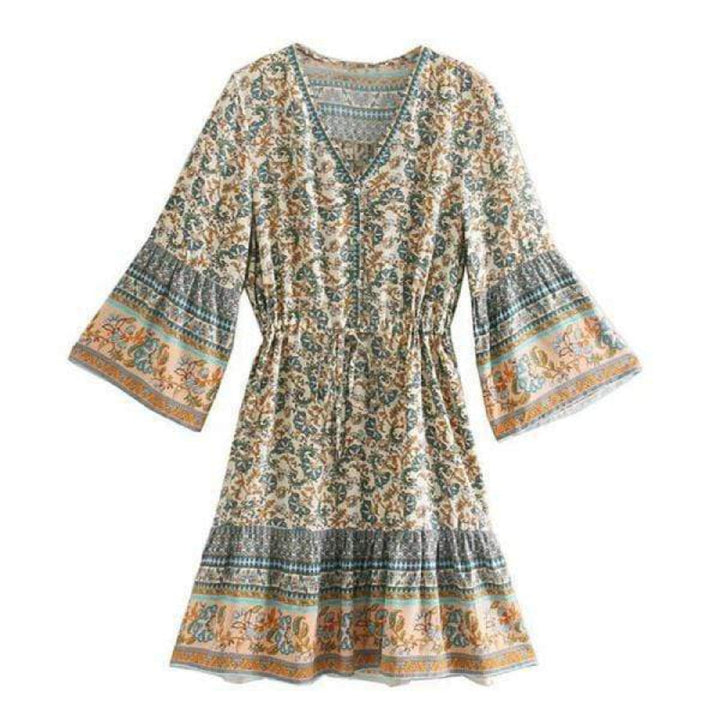 Jennifer | Boho Mini Dress with V Neck and Bell Sleeves