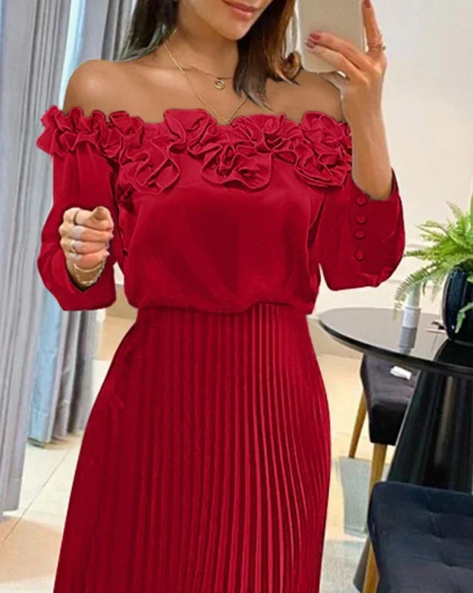 Josephine | Wedding Guest Midi Dress with Off Shoulder Neckline and Long Sleeves