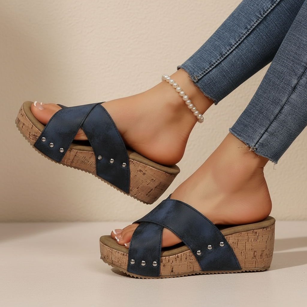 Josephine | Wedge Platform Sandals with Criss Cross Straps and Stud Detail
