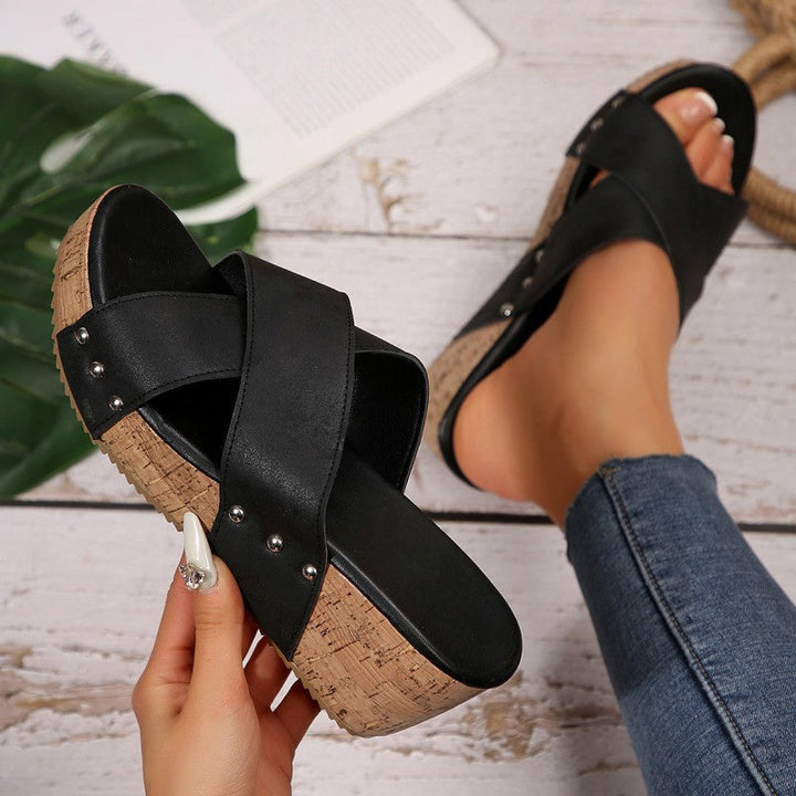 Josephine | Wedge Platform Sandals with Criss Cross Straps and Stud Detail
