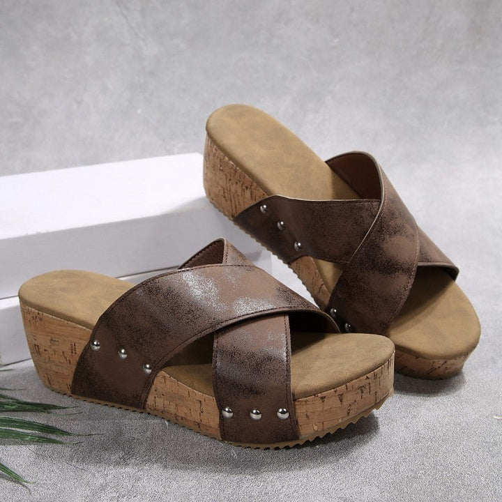 Josephine | Wedge Platform Sandals with Criss Cross Straps and Stud Detail