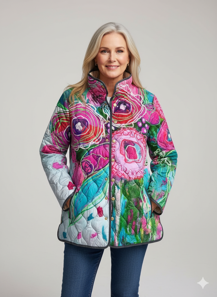 Judith | Floral Quilted Jacket with Stand Collar and Button Closure