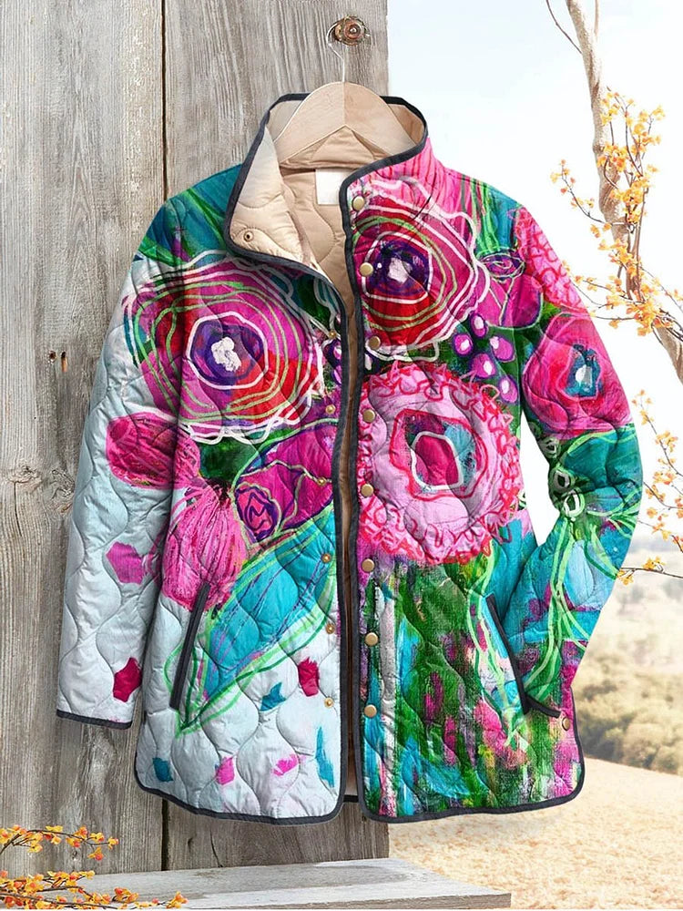 Judith | Floral Quilted Jacket with Stand Collar and Button Closure