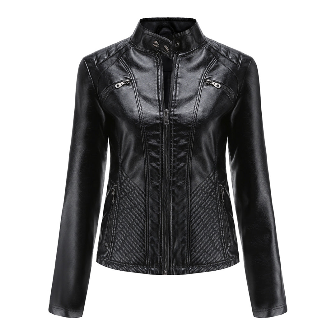 Katherine | Faux Leather Biker Jacket with Zip Closure and Quilted Panels