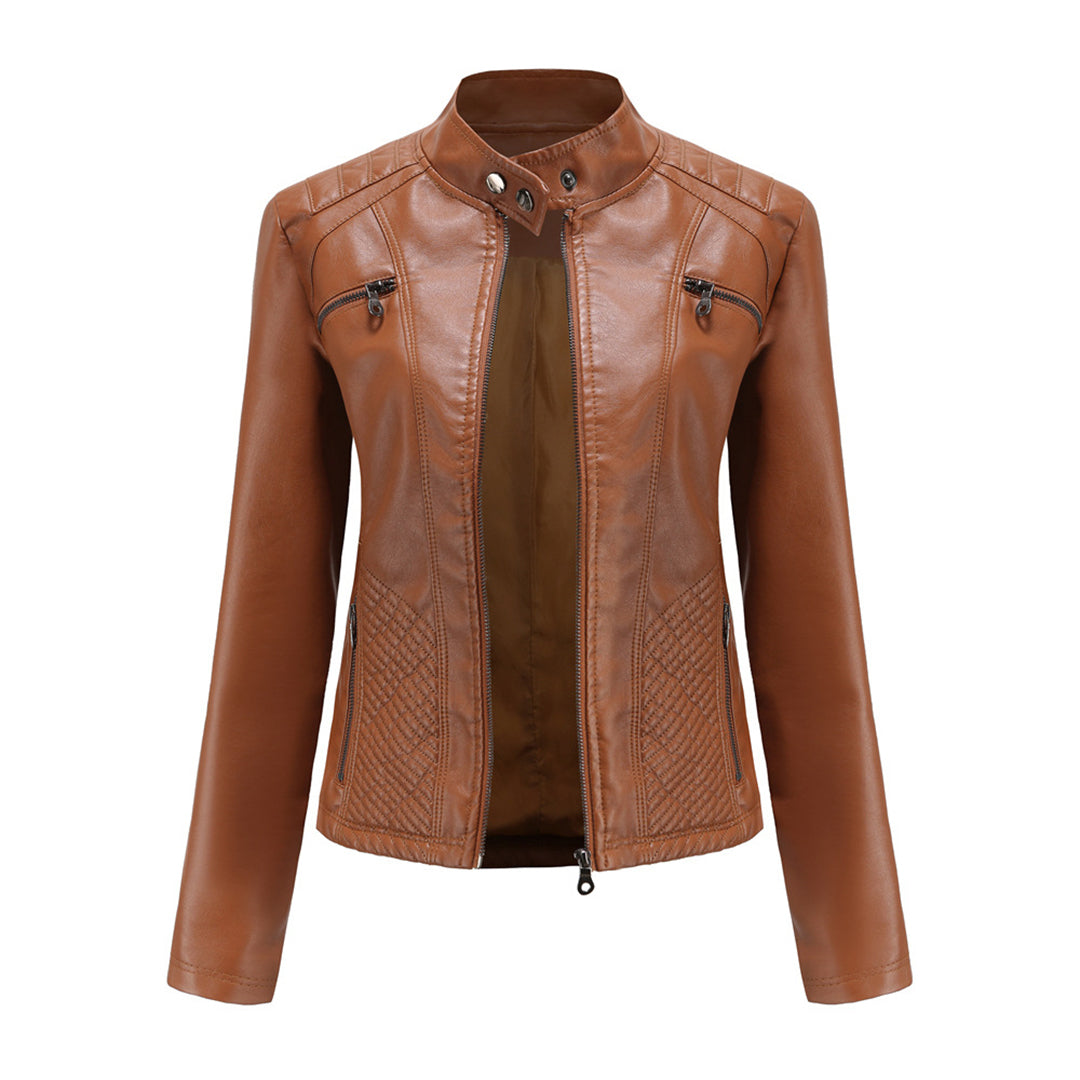 Katherine | Faux Leather Biker Jacket with Zip Closure and Quilted Panels