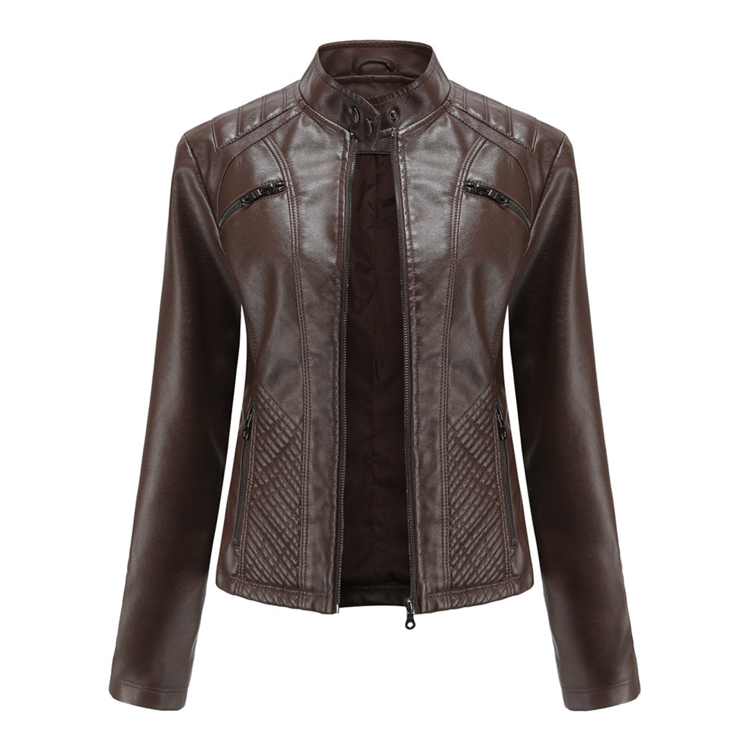 Katherine | Faux Leather Biker Jacket with Zip Closure and Quilted Panels