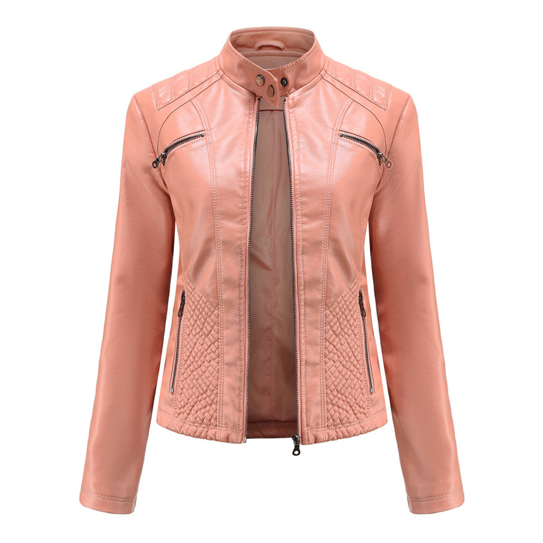 Katherine | Faux Leather Biker Jacket with Zip Closure and Quilted Panels
