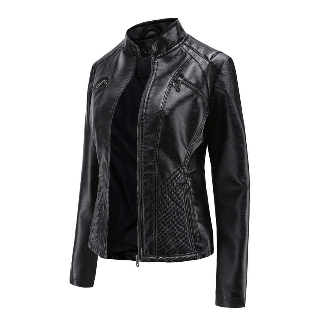 Katherine | Faux Leather Biker Jacket with Zip Closure and Quilted Panels