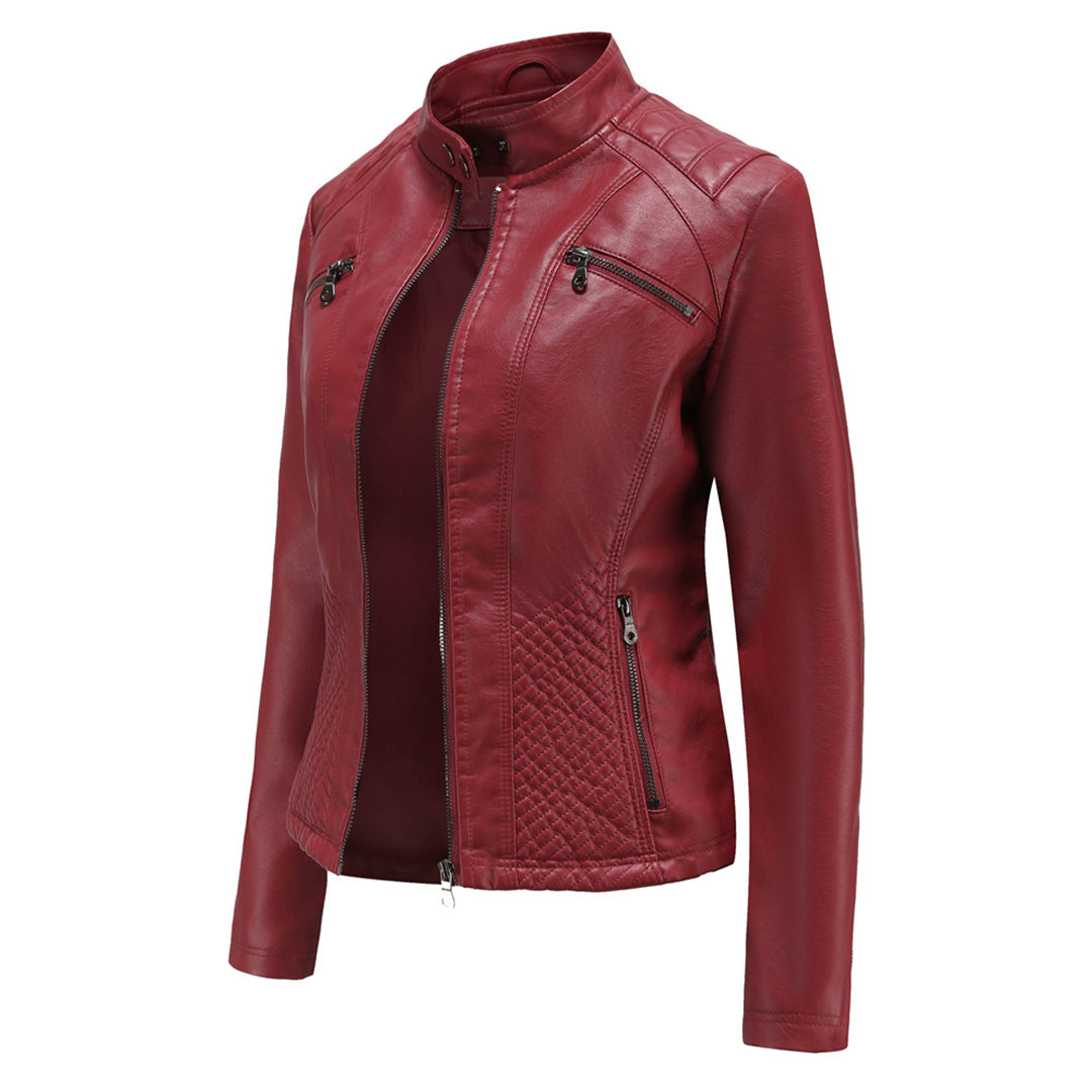 Katherine | Faux Leather Biker Jacket with Zip Closure and Quilted Panels