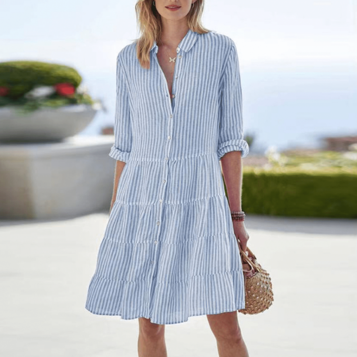 Kathy | Striped Mini Shirt Dress with Button Down and Tiered Skirt