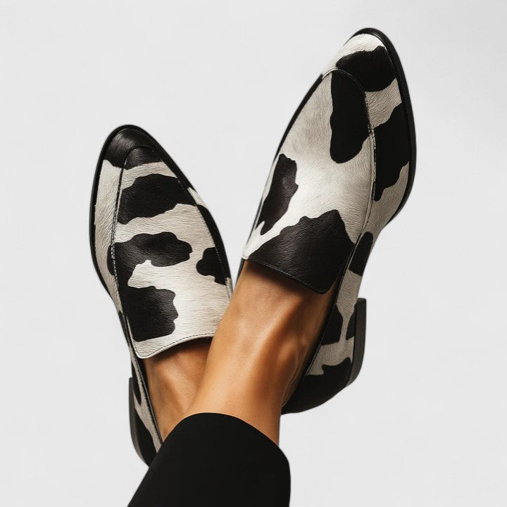 Kayla | Cow Print Loafers with Pointed Toe and Slip On