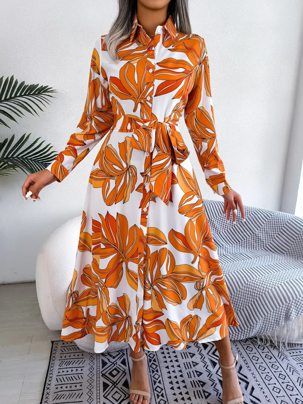 Laura | Tropical Floral Shirt Maxi Dress with Belted Waist and Long Sleeves