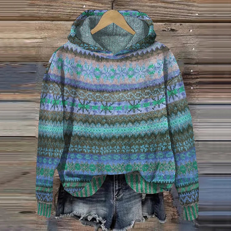 Leah | Ethnic Print Hoodie with Drawstring Hood and Long Sleeves