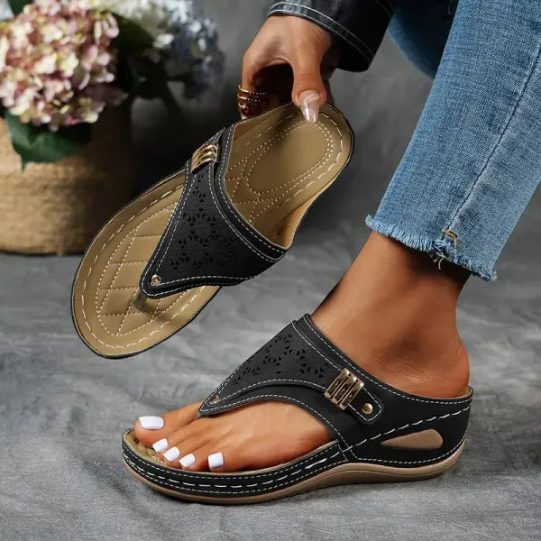 Leah | Orthopedic Slip On Sandals with Toe Post and Buckle Detail