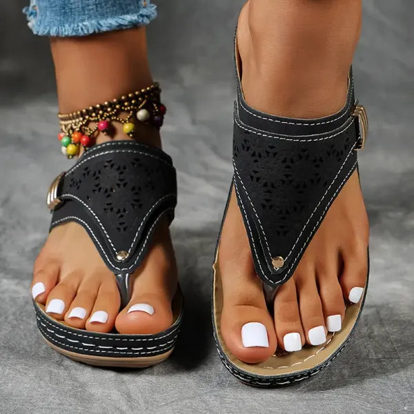 Leah | Orthopedic Slip On Sandals with Toe Post and Buckle Detail