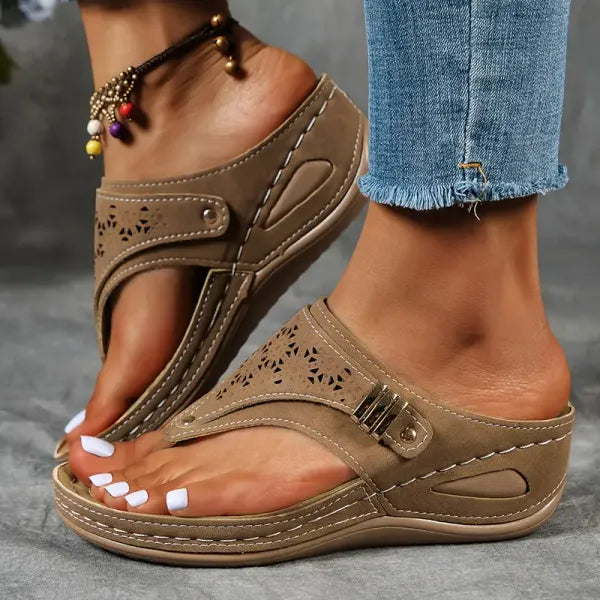 Leah | Orthopedic Slip On Sandals with Toe Post and Buckle Detail