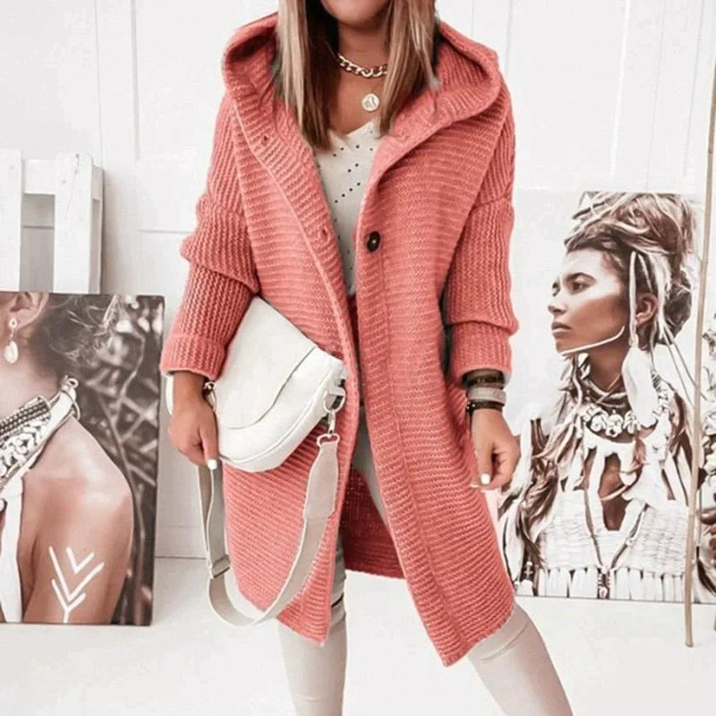 Linda | Hooded Cardigan with Button Closure and Ribbed Knit