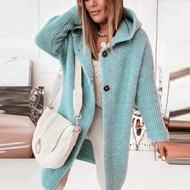 Linda | Hooded Cardigan with Button Closure and Ribbed Knit