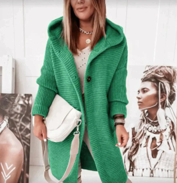 Linda | Hooded Cardigan with Button Closure and Ribbed Knit