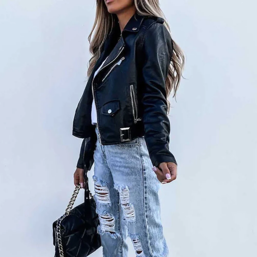Lindsey | Leather Biker Jacket with Zip Pockets and Belted Waist