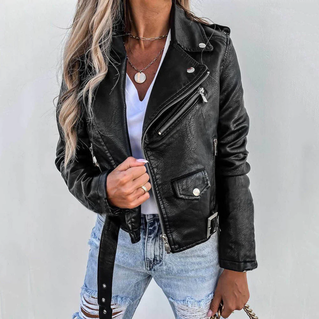 Lindsey | Leather Biker Jacket with Zip Pockets and Belted Waist