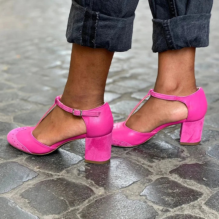 Loretta | T-Bar Sandals with Ankle Strap and Block Heel