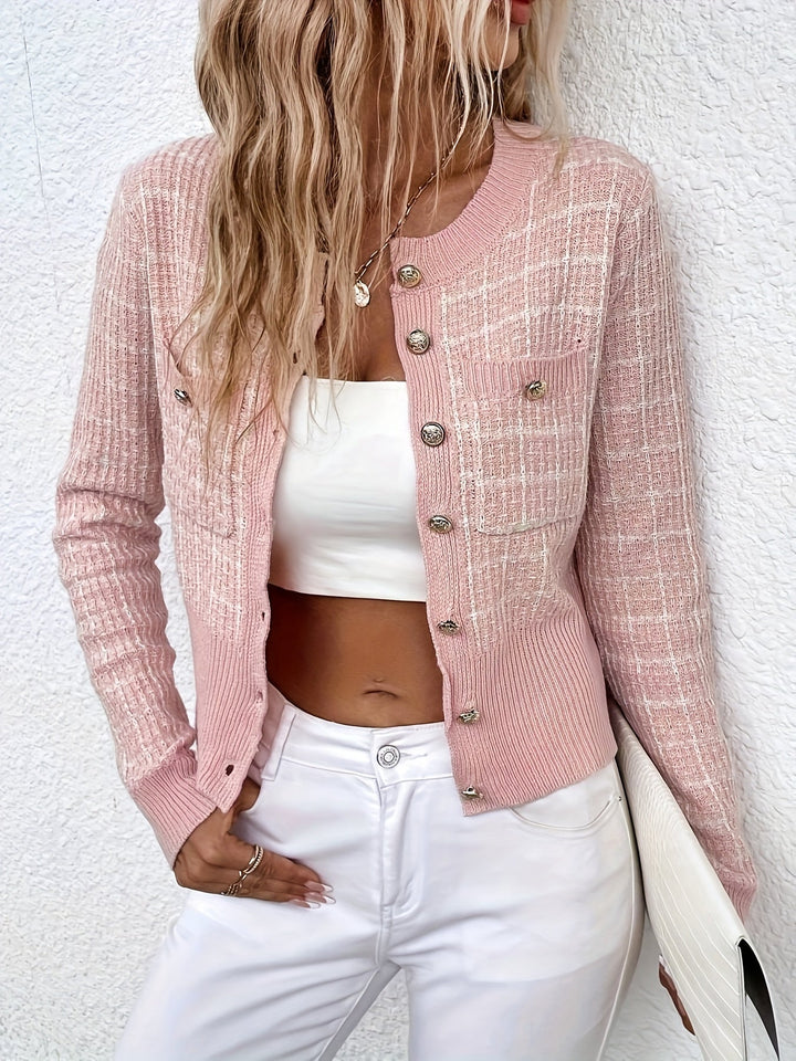 Lucille | Button Front Cardigan with Textured Knit and Ribbed Trim
