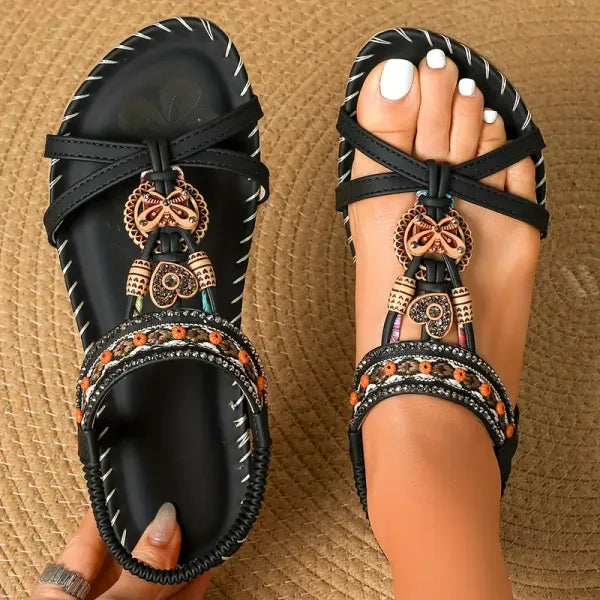 Marjorie | Bohemian Style Flat Sandals with Embellished Straps and Ankle Strap