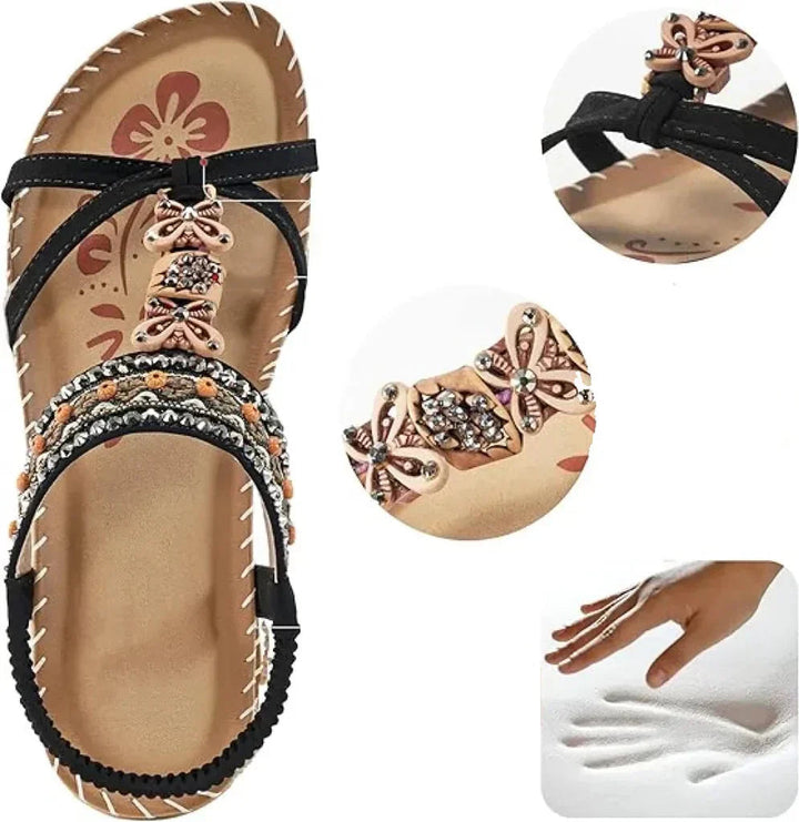 Marjorie | Bohemian Style Flat Sandals with Embellished Straps and Ankle Strap